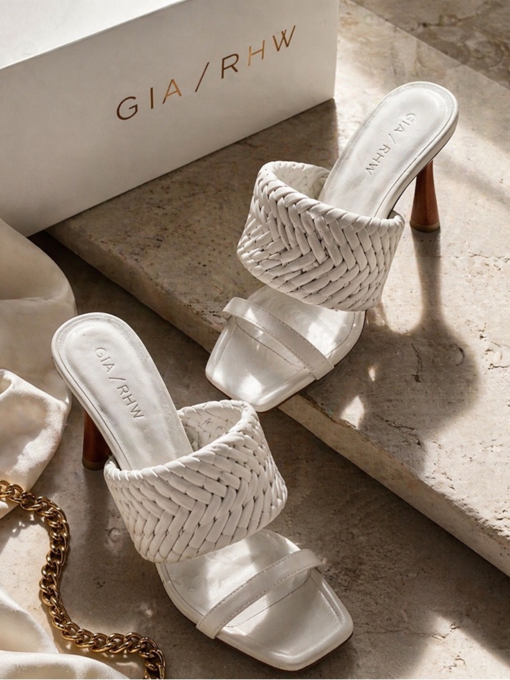 Gia RHW White Woven Leather Heels Size 38 Sandals Wooden Heel Designer